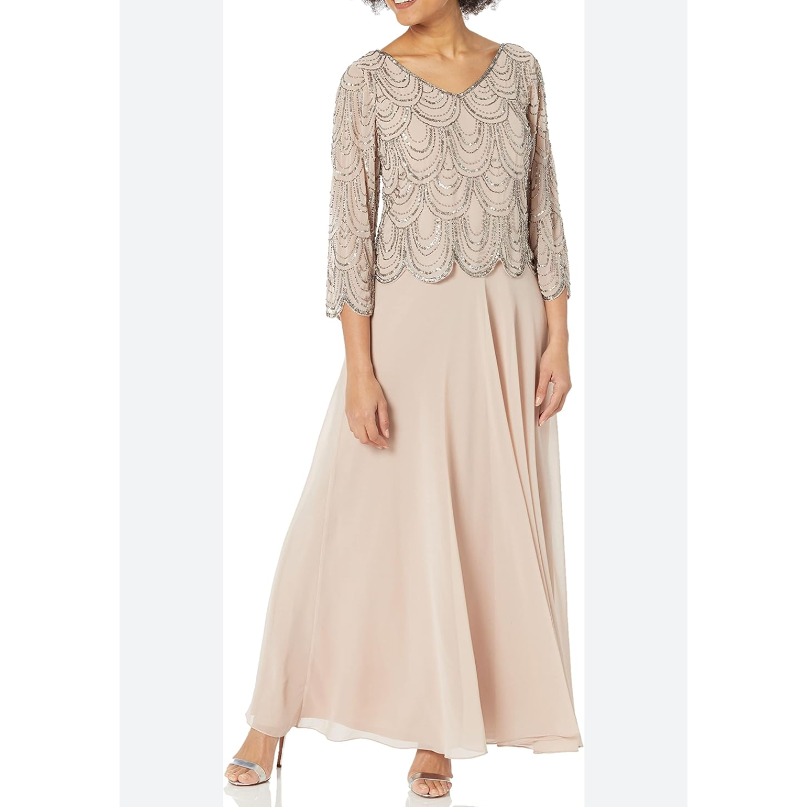 J Kara Women's V Neck Sleeve Scallop Beaded Top Long Dress Pink Blush Size 18